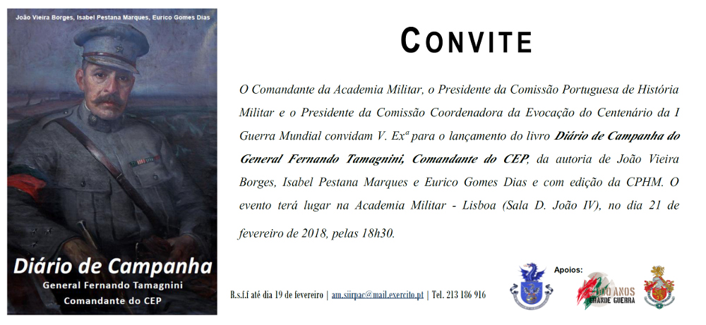 Convite para o lançamento de livro “Diário de Campanha do General Fernando Tamagnini, Comandante do CEP”