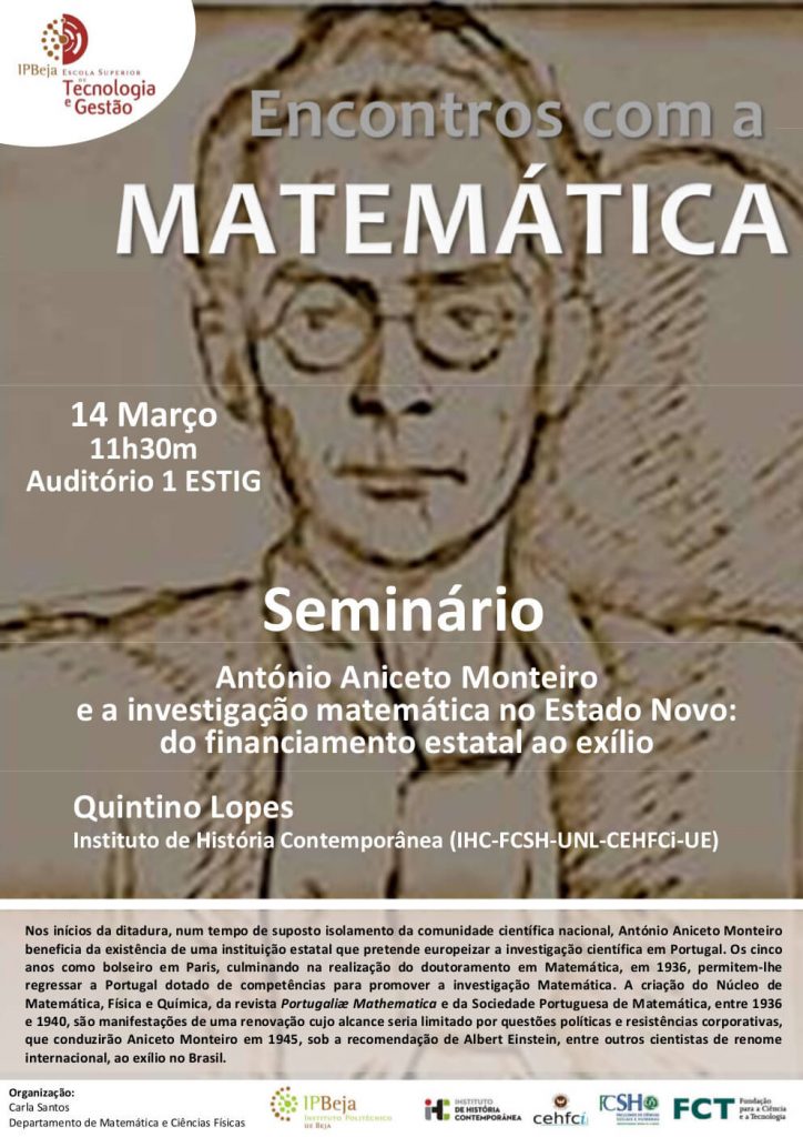 Cartaz do seminário "António Aniceto Monteiro e a investigação matemática no Estado Novo"