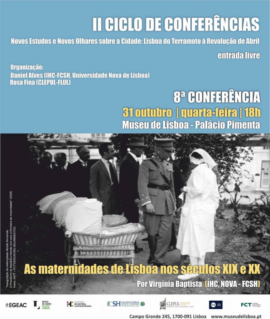 Cartaz da conferência "Maternidades em Lisboa nos sécs. XIX e XX"