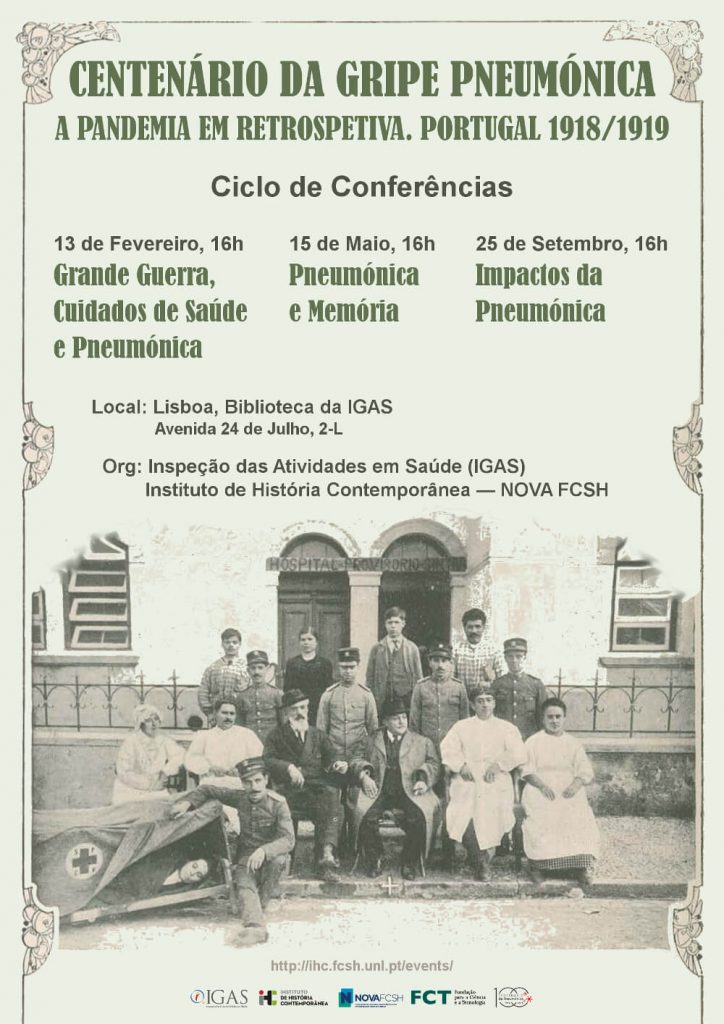Cartaz do ciclo de conferências "Centenário da Gripe Pneumónica: a Pandemia em Retrospetiva. Portugal – 1918/1919", com a fotografia histórica de um hospital provisório em Sintra