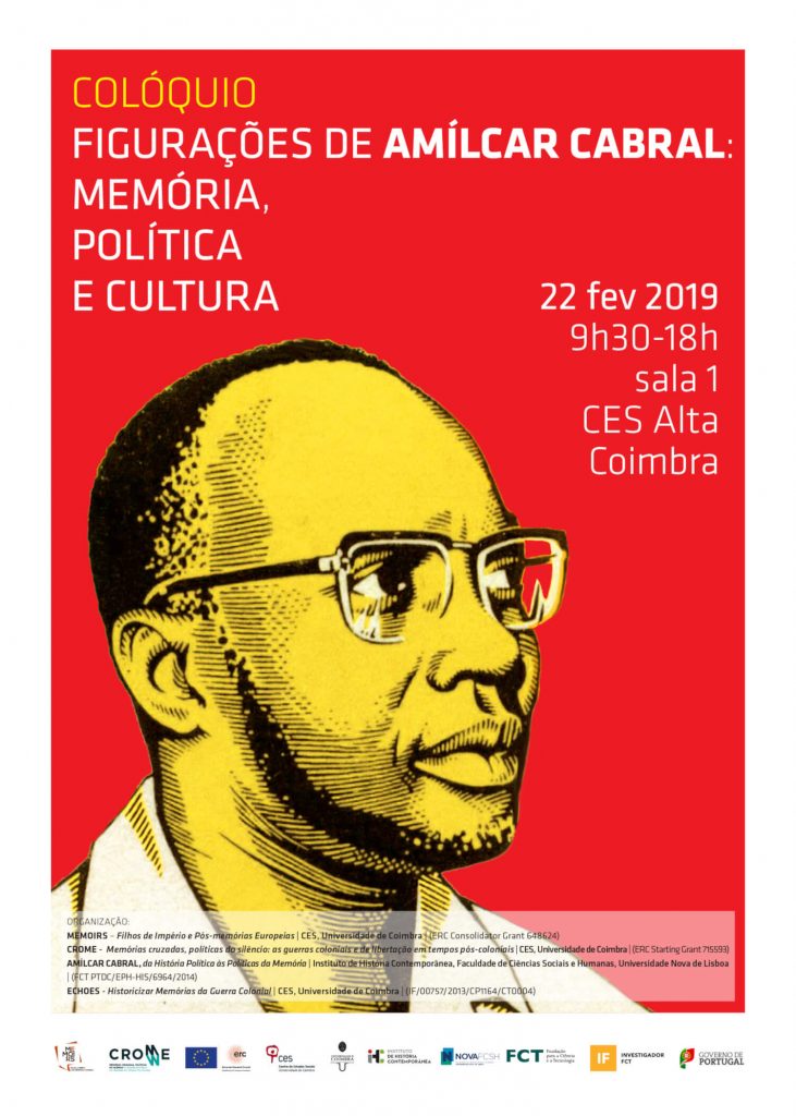 Cartaz do colóquio "Figurações de Amílcar Cabral – memória, política e cultura", com uma ilustração de Amílcar Cabral