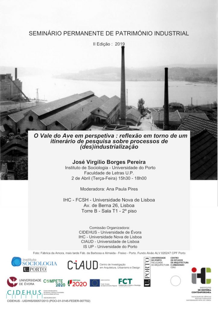 Cartaz do seminário "O Vale do Ave em perspetiva: reflexão em torno de um itinerário de pesquisa sobre processos de (des)industrialização"