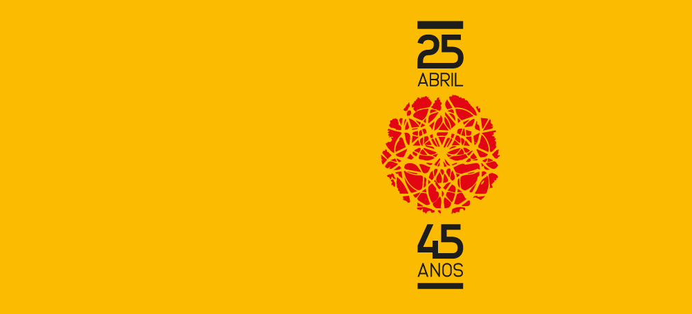 Imagem alusiva às comemorações dos 45 anos do 25 de Abril em Oeiras, com um desenho representativo de um cravo em fundo amarelo torrado