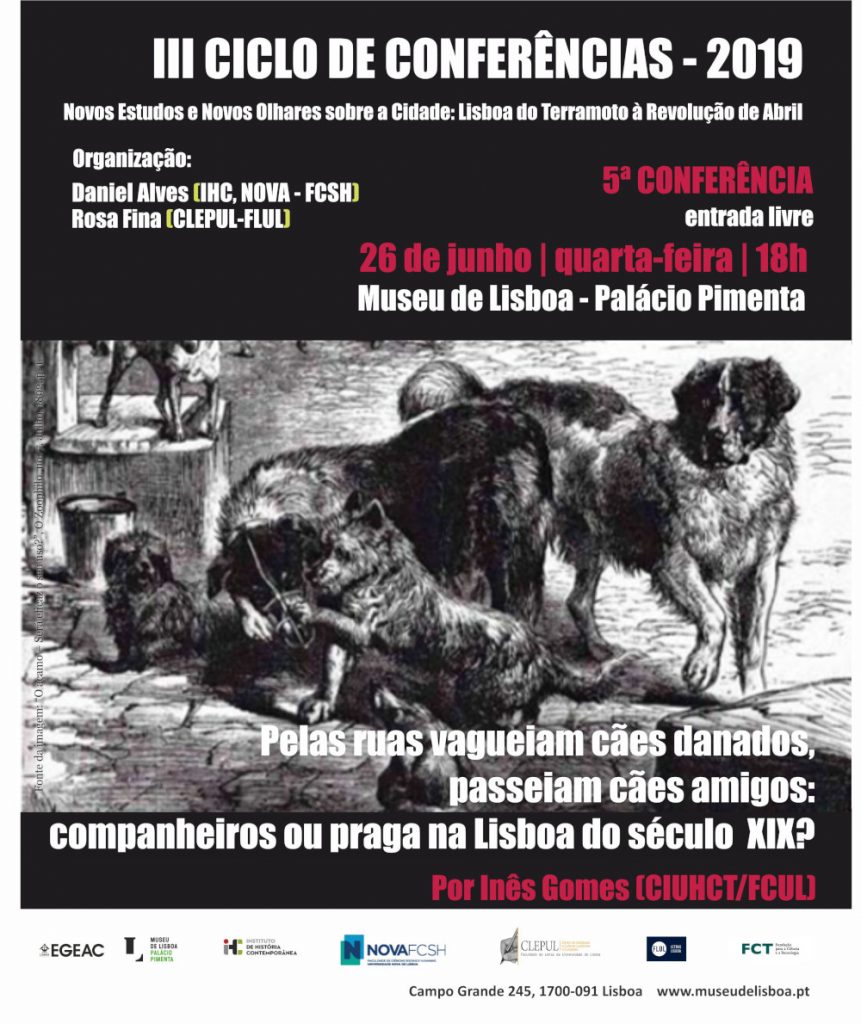 Cartaz da conferência "Pelas ruas vagueiam cães danados, passeiam cães amigos"