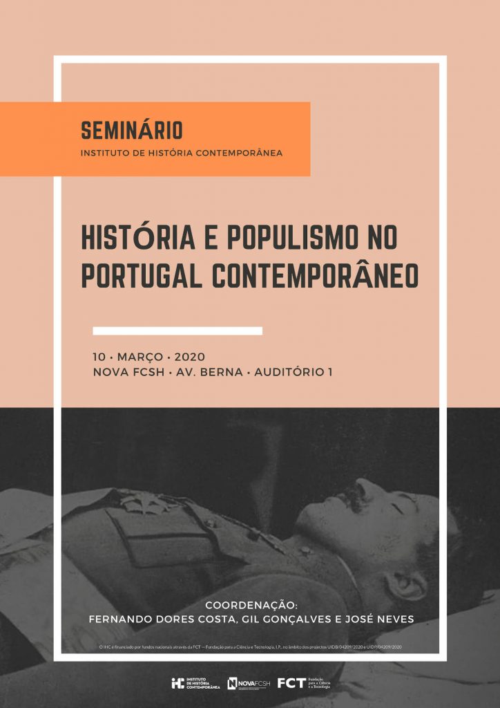 Cartaz do seminário "História e Populismo no Portugal Contemporâneo", com uma foto do funeral de Sidónio Pais