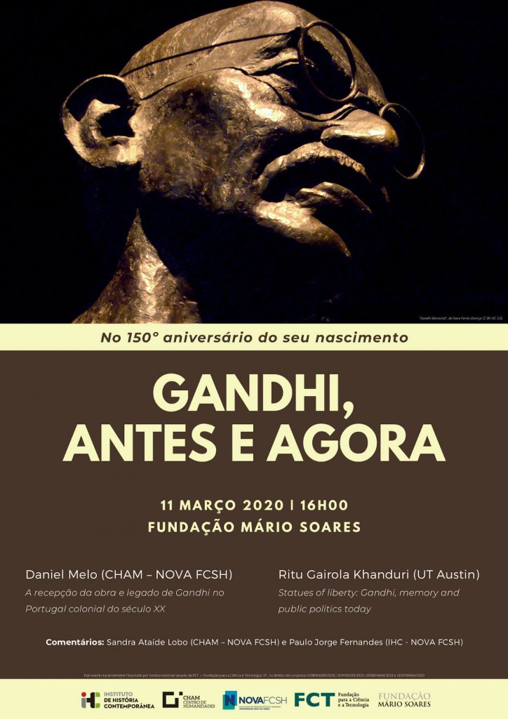 Cartaz da conferência "Gandhi, antes e agora", com a foto de uma estátua do Gandhi