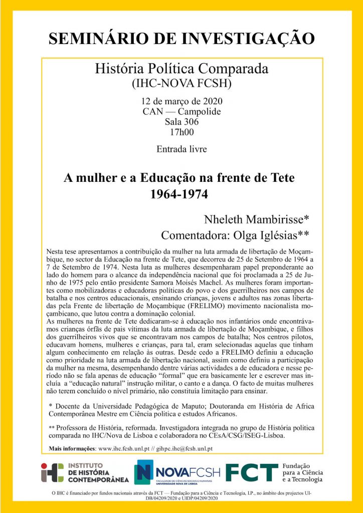 Cartaz e resumo do seminário "A mulher e a Educação na frente de Tete (1964-1974)"