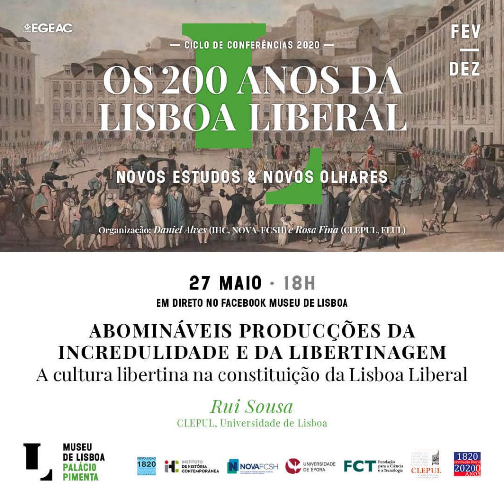 Cartaz da conferência online "A cultura libertina na constituição da Lisboa Liberal"