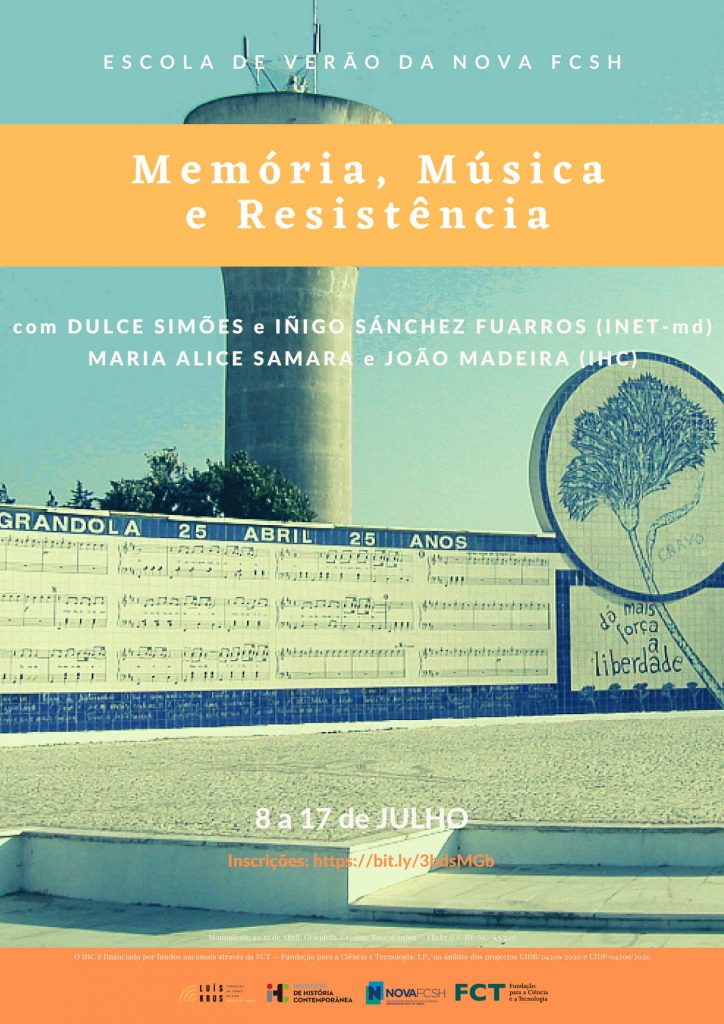 Cartaz do curso "Memória, Música e Resistência" da Escola de Verão da NOVA FCSH 2020