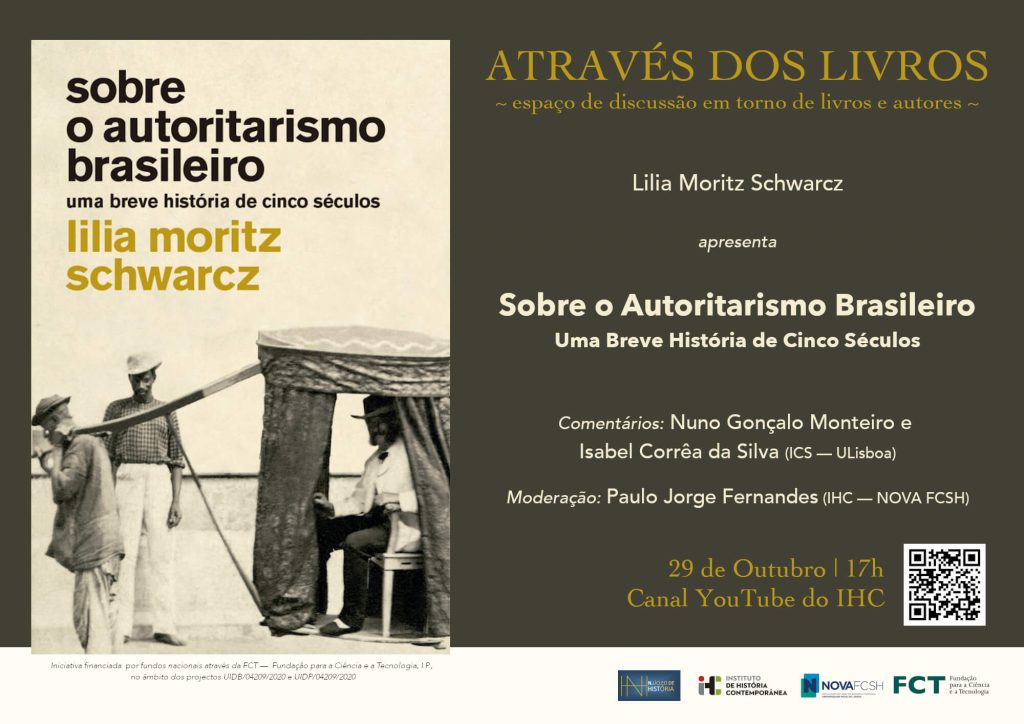 Cartaz da décima-segunda sessão do ciclo "Através dos Livros", sobre o livro "Sobre o autoritarismo brasileiro"