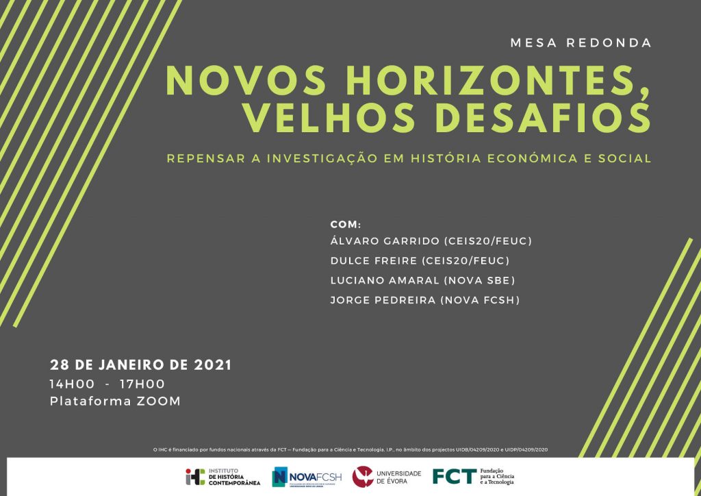 Cartaz da mesa-redonda "Novos Horizontes, Velhos Desafios: Repensar a Investigação em História Económica e Social"