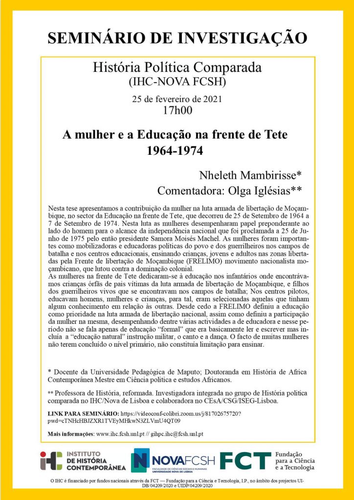 Cartaz do seminário "A mulher e a Educação na frente de Tete (1964-1974)"