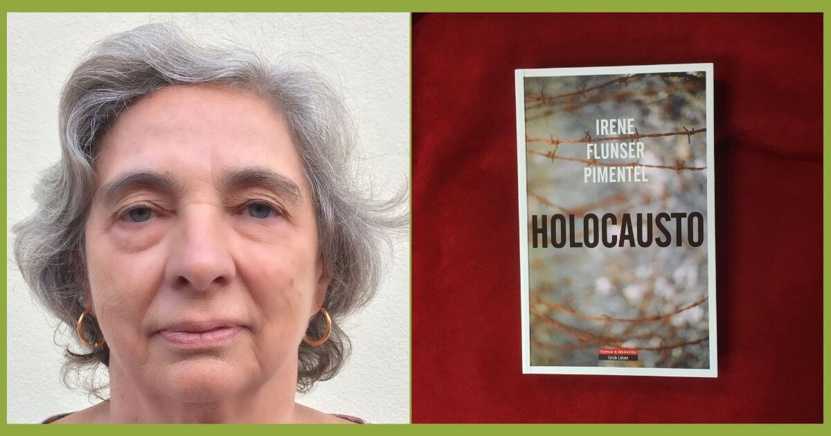 Fotografia da Irene Pimentel e da capa do livro "Holocausto"