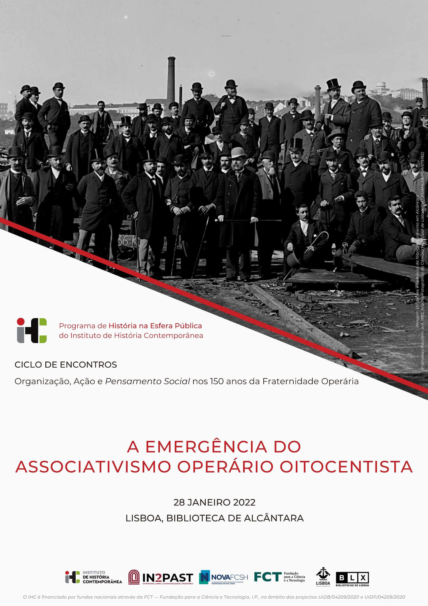 Cartaz do encontro "A emergência do associativismo operário oitocentista". 28 de Janeiro de 2022, Biblioteca de Alcântara