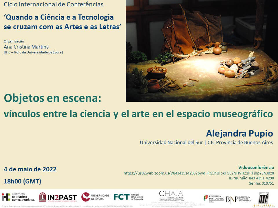 Cartaz da conferência "Objetos en Escena: Vínculos Entre la Ciencia y el Arte en el Espacio Museográfico". 4 de Maio, às 18 horas, via Zoom