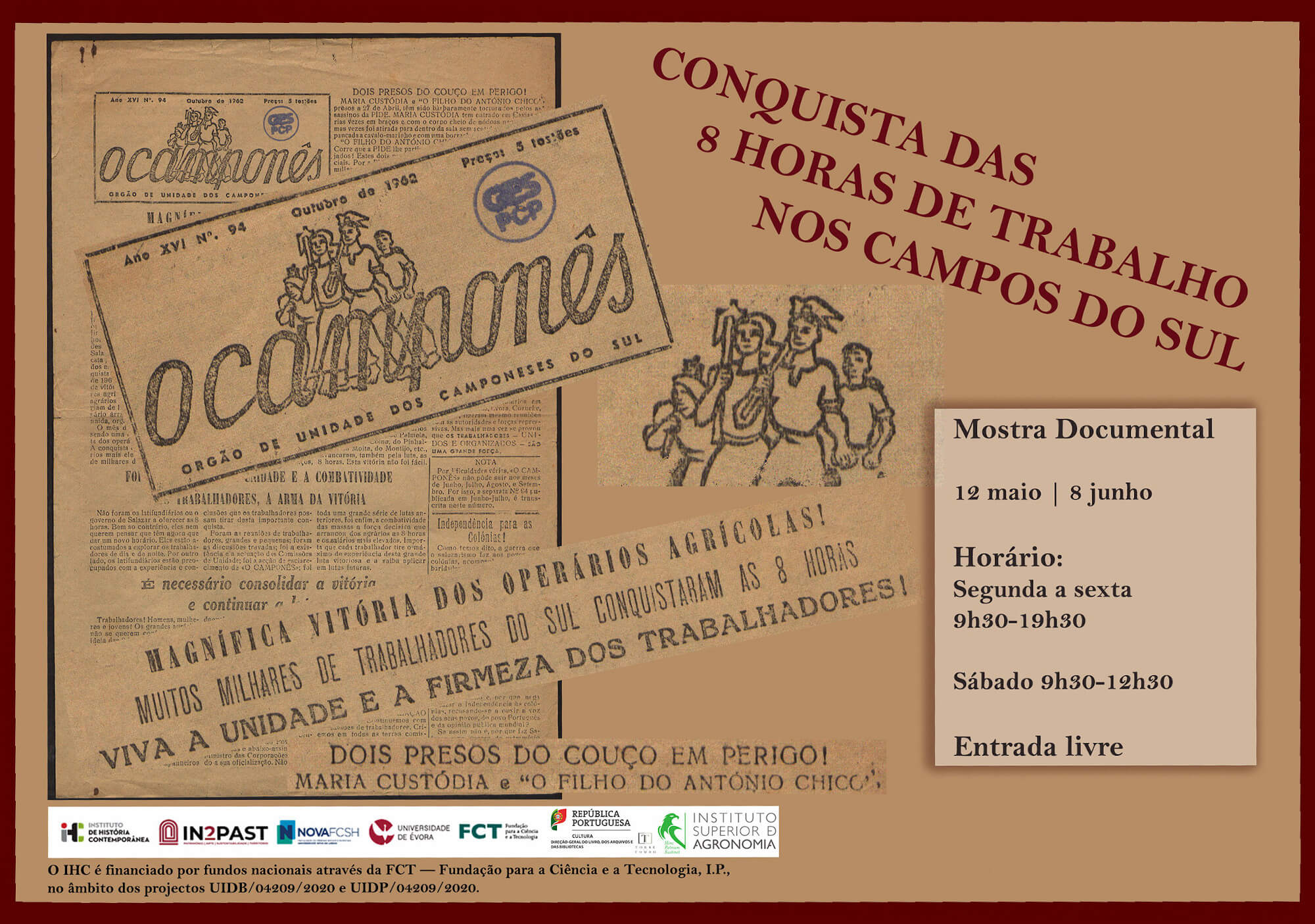 Cartaz da mostra documental "Conquista das 8 Horas de Trabalho nos Campos do Sul". Arquivo Nacional da Torre do Tombo, Lisboa, 12 de Maio a 8 de Junho de 2022