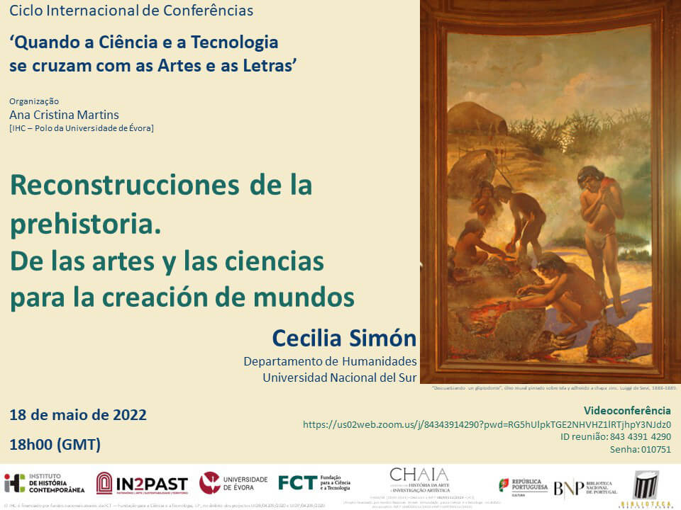 Cartaz da conferência "Reconstrucciones de la prehistoria: De las artes y las ciencias para la creación de mundos", com Cecilia Simón. 18 de Maio, às 18 horas, via Zoom