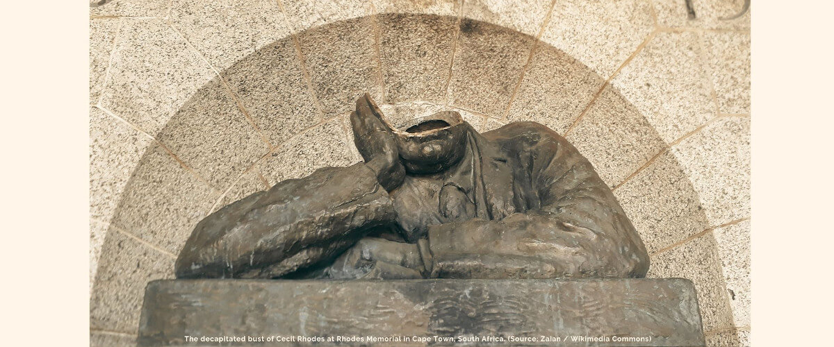Picture of the decapitated bust of Cecil Rhodes at Rhodes Memorial in Cape Town, South Africa.