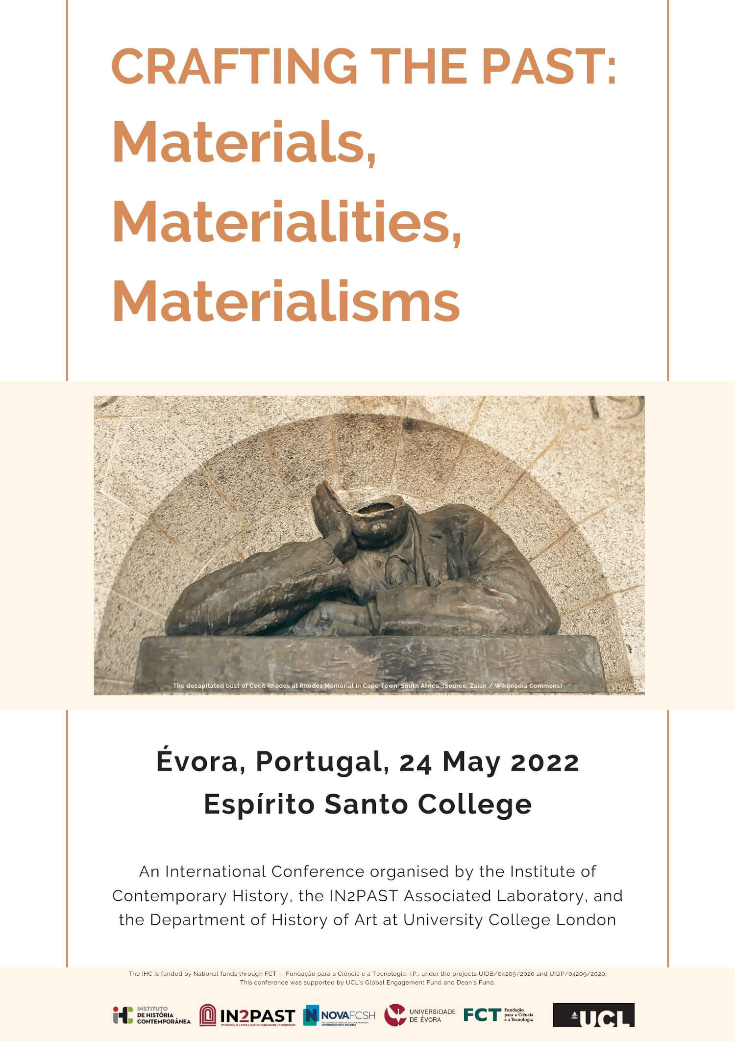 Poster for the conference "Crafting the Past: Materials, Materialities, Materialisms". Évora, 24 May 2022, Espírito Santo College
