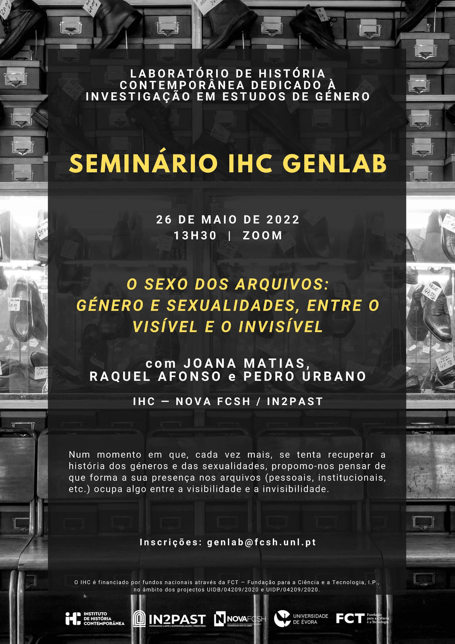 Cartaz do IHC GenLab com Joana Matias, Raquel Afonso e Pedro Urbano. 26 de Maio às 13h30, via Zoom