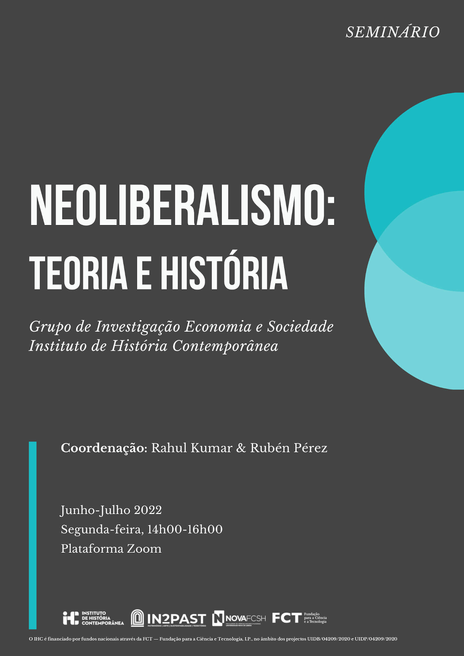 Cartaz do seminário "Neoliberalismo: Teoria e História". Organizado pelo Grupo de Investigação Economia e Sociedade do Instituto de História Contemporânea. Junho-Junho 2022, Segunda-feira, 14h às 16h, via Zoom.