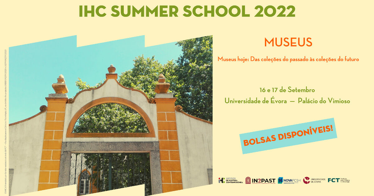 Cartaz da IHC Summer School 2022. 16 e 17 de Setembro, na Universidade de Évora. Cartaz inclui uma fotografia do portão de entrada do Palácio do Vimioso, onde vai decorrer a escola.