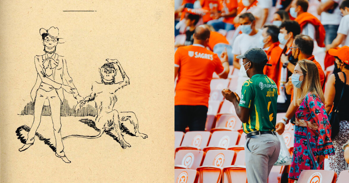 Imagem ilustrativa da notícia: caricatura publicada no Almanaque dos pontos nos is em 1887 e fotografia de adeptos num jogo do Benfica