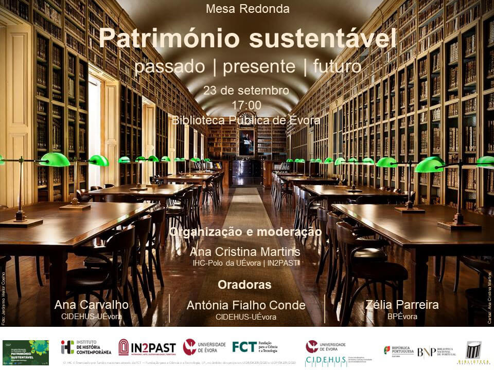 Cartaz da mesa redonda "Património Sustentável". 23 de Setembro às 17 horas, na Biblioteca Pública de Évora.