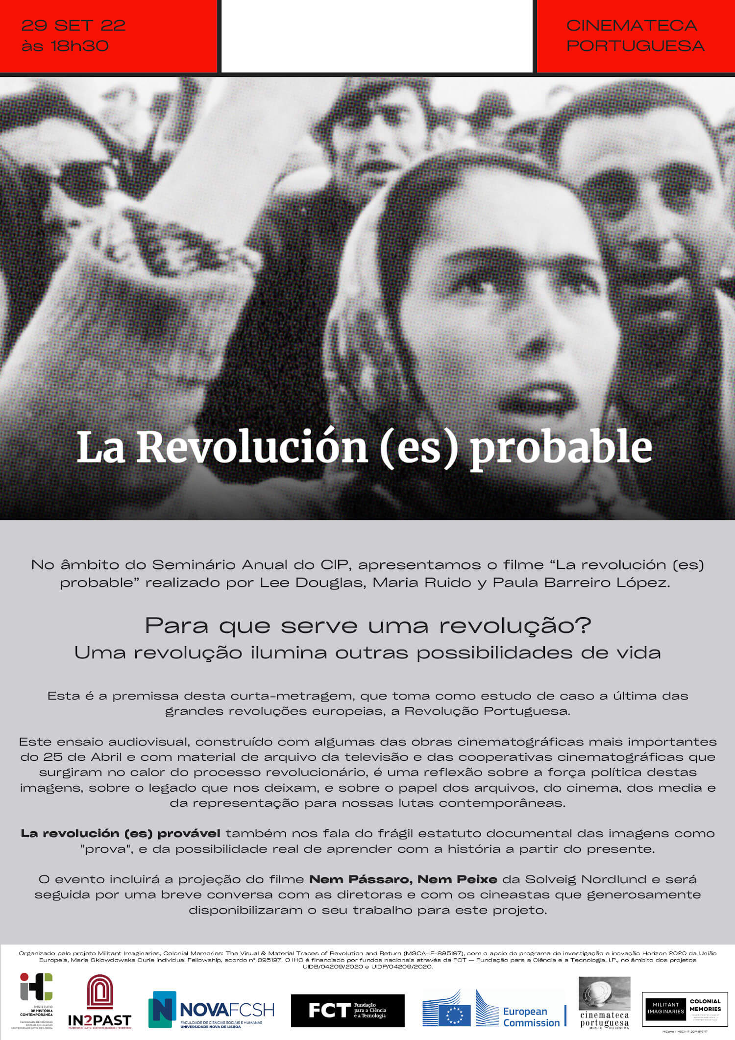 Cartaz da projecção do filme “La revolución (es) probable”. 29 de Setembro, às 18 horas e 30, na Cinemateca Portuguesa. Inscrição necessária.