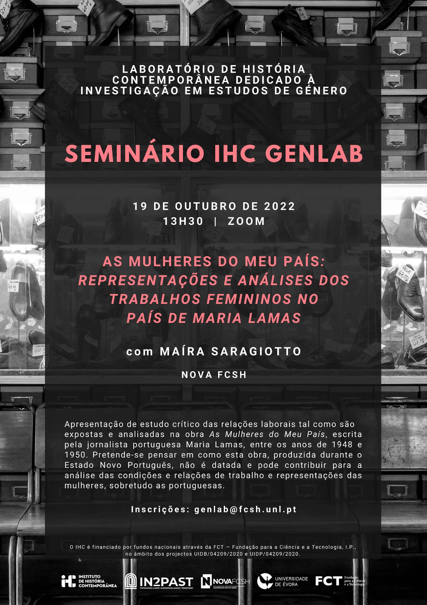 Cartaz do IHC GenLab com Maíra Saragiotto. 19 de Outubro às 13h30, via Zoom.