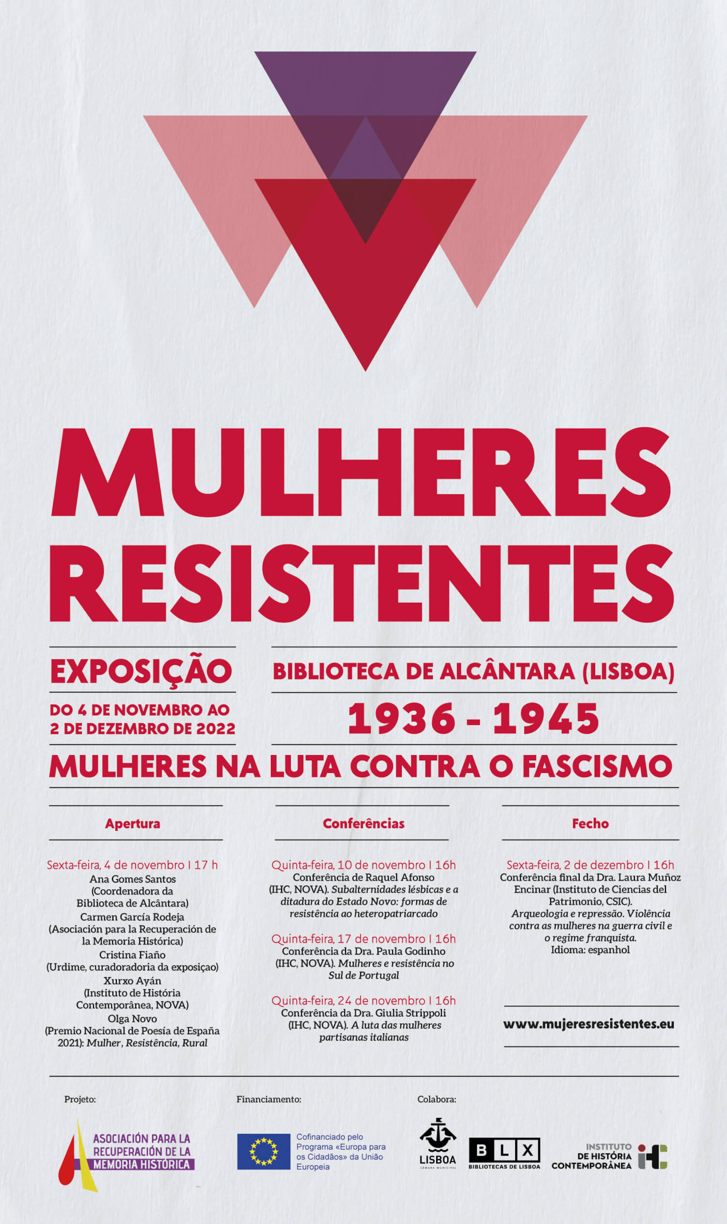 Cartaz da inauguração da exposição itinerante “Mulheres Resistentes”. 4 de Novembro de 2022, às 17 horas, na Biblioteca Municipal de Alcântara em Lisboa.