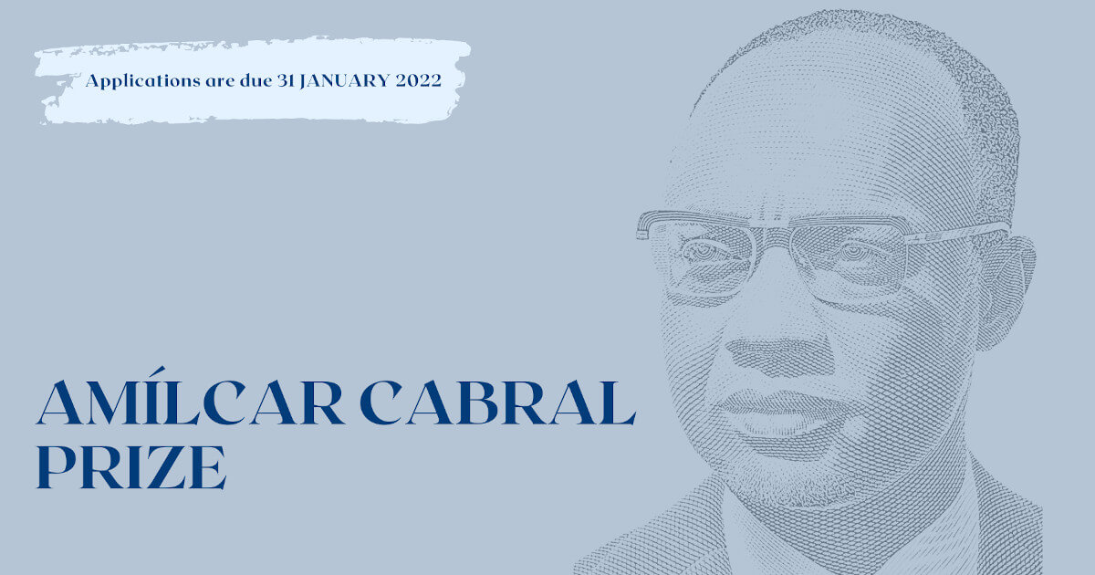 Image illustrating the Amílcar Cabral Prize 2022. It includes a drawing of Amilcar Cabral's face and, over a light blue background, the texts "Applications are due 31 January 2023" and "Amílcar Cabral Prize".