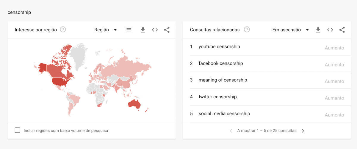 Map that shows the countries where the Google search for the word “censorship” was more intense, as well as a list of related terms associated with that search.