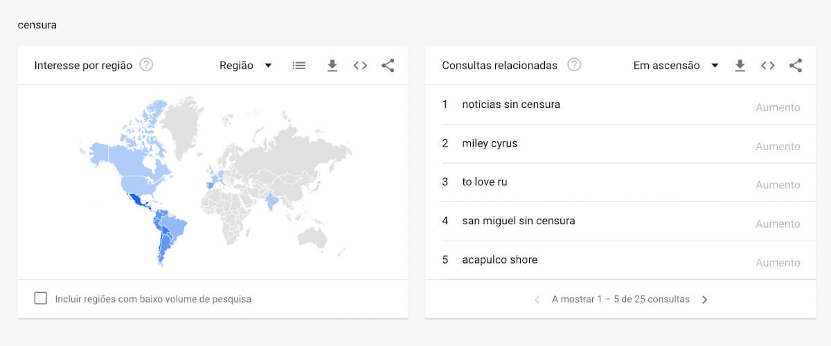 Mapa que mostra os países onde a pesquisa Google pela palavra 