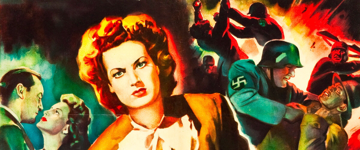 Detalhe do poster do filme “This Land is Mine”, de 1943, realizado por Jean Renoir. O poster tem diferentes desenhos referentes ao filme, com destaque para a personagem interpretada por Maureen O’Hara, que ocupa o centro da imagem.