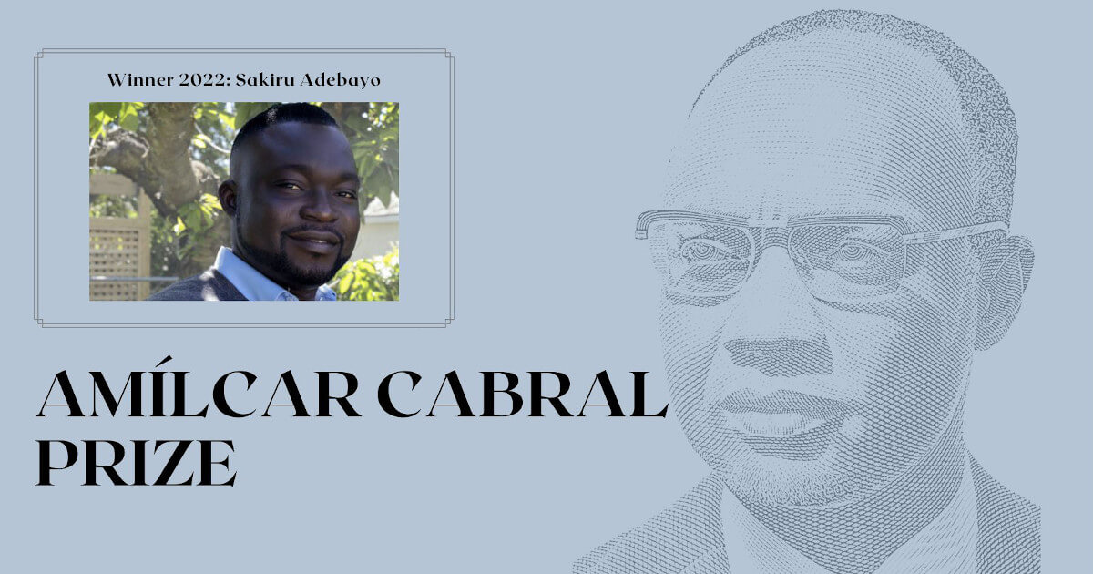 Illustrative image of the 2022 edition of the Amílcar Cabral Prize that inlcudes a drawing of Amílcar Cabral's face and a photo of the winner, Sakiru Adebayo.