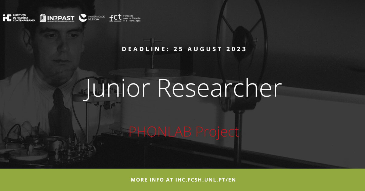 Poster illustrating the call for applications for a Junior Researcher contract within the project Phonlab - Phonetics Laboratory. Deadline: 21 August 2023. The background image of the poster is a photograph of the phoneticist Armando de Lacerda next to his polychromograph.