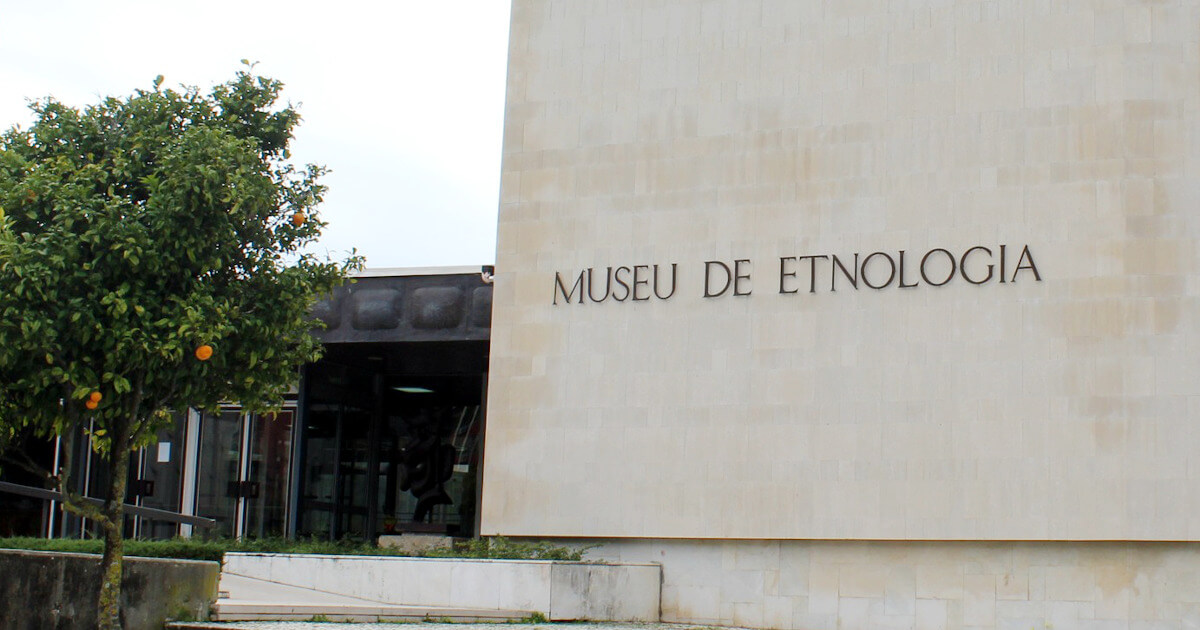 Fotografia da entrada e fachada do Museu Nacional de Etnologia, mostrando uma das laranjeiras que ladeiam a escadaria de acesso à entrada e as letras metálicas na fachada, onde se lê “Museu de Etnologia”.