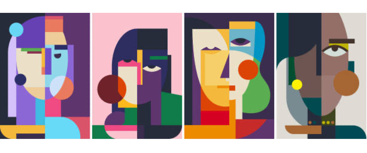 Illustrative image for the meeting “Fighting Discrimination, Contrasting Violence, Empowering People”. A series of four abstract drawings resembling women with a mix of different bright colours.