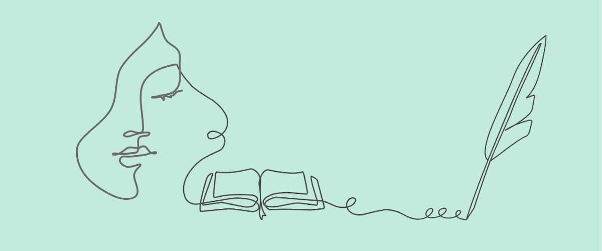 Desenho simples, feito a partir de uma linha, que representa uma cara feminina, um livro e uma pena de escrita.