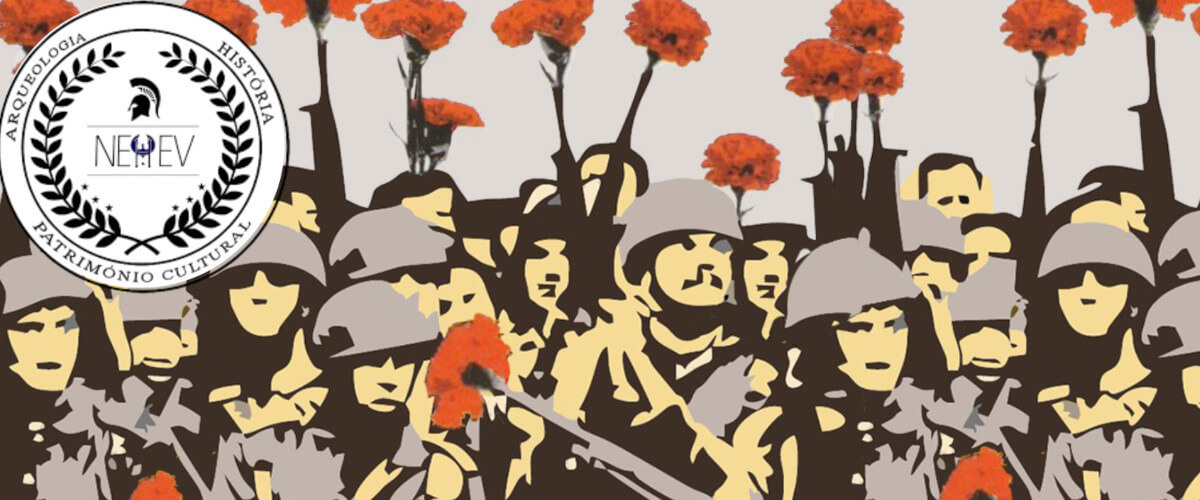 Detalhe do cartaz da mesa redonda “25 de Abril - Memória e Revolução Política”. Desenho de um conjunto de soldados cujas espingardas têm cravos vermelhos nos canos. Não é indicada a autoria do desenho.