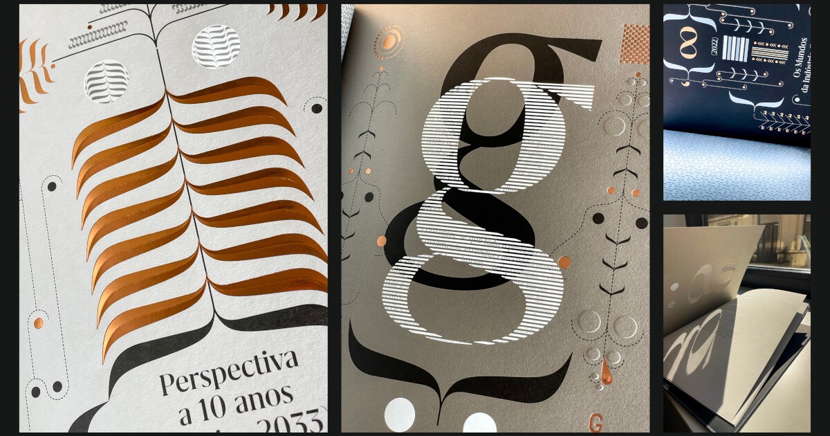 Quatro fotografias que mostram detalhes gráficos do livro, como o tipo de papel, impressão e design.