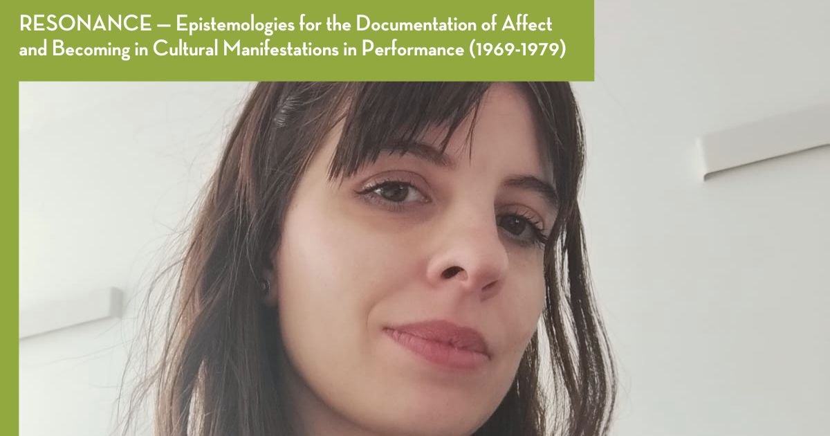 Fotografia da Hélia Marçal encimada pelo título do seu projecto: “RESONSANCE — Epistemologies for the Documentation of Affect and Becoming in Cultural Manifestations in Performance (1969-1979)”.