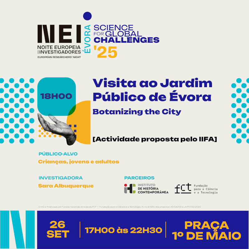 Cartaz da actividade “Visita ao Jardim Público de Évora; Botanizing the City”. Actividade proposta pelo iifa. 26 de Setembro, às 18 horas. Praça primeiro de Maio, Évora. Actividade destinada a crianças, jovens e adultos. Coordenada pela investigadora Sara Albuquerque.