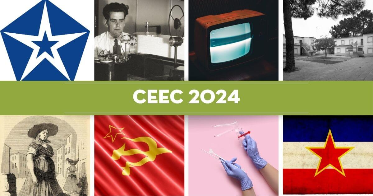 Montagem de oito imagens representativas dos oito projectos de investigação: o símbolo não oficial da Sociedade das Nações, uma fotografia do Armando de Lacerda junto a um dos seus instrumentos de fonética experimental, uma televisão antiga com o ecrã ligado mas sem imagem, uma fotografia de Vila Nova de Santo André, uma ilustração de uma varina lisboeta no século 19, uma foto de uma bandeira soviética, uma foto de um espéculo ginecológico, uma ilustração da bandeira da Jugslávia. Entre as quatro imagens superiores e as quatro imagens inferiores está o texto “CEEC 2024”.