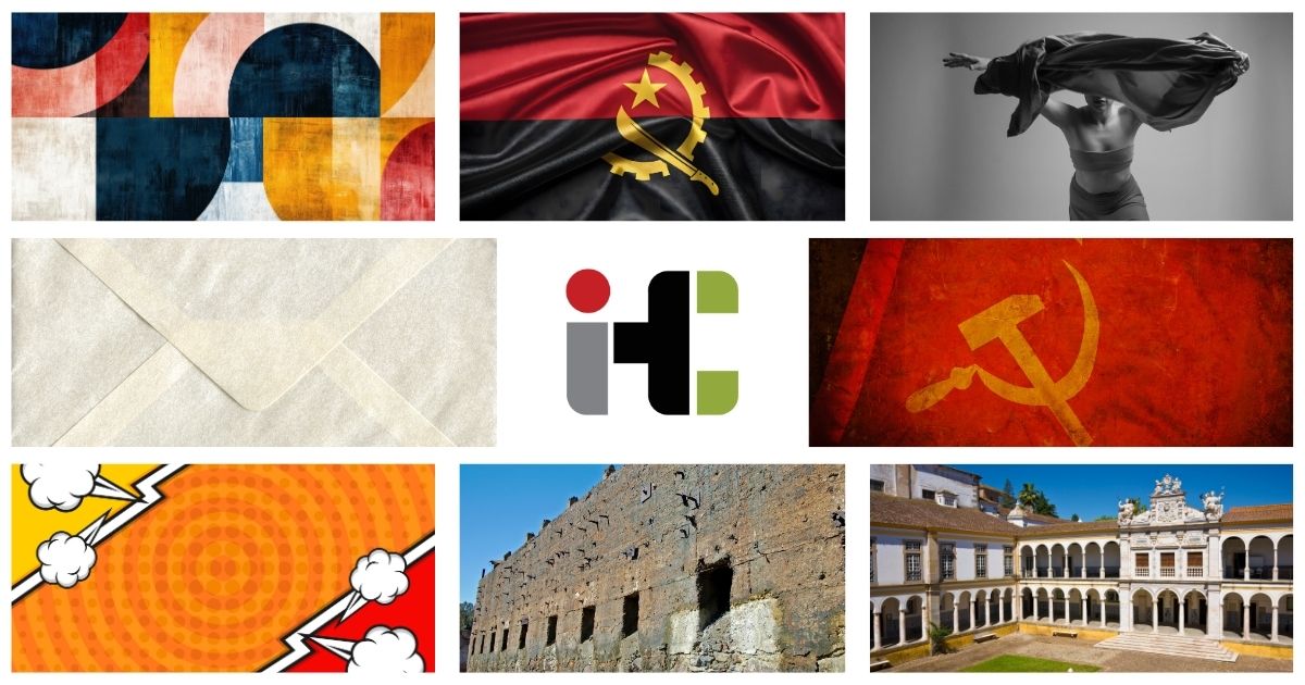 Imagem ilustrativa da notícia sobre a atribuição de oito novas bolsas de investigação para Doutoramento atribuídas ao IHC. Inclui um conjunto de oito fotos e o logótipo do IHC. As fotos representam: uma obra de arte contemporânea, a bandeira de Angola, uma bailarina contemporânea, um envelope de uma carta, a bandeira da União Soviética, um desenho alusivo à banda desenhada, uma fotografia de um edifício abandonado nas Minas de São Domingos (Mértola) e uma fotografia do Colégio Espírito Santo da Universidade de Évora.