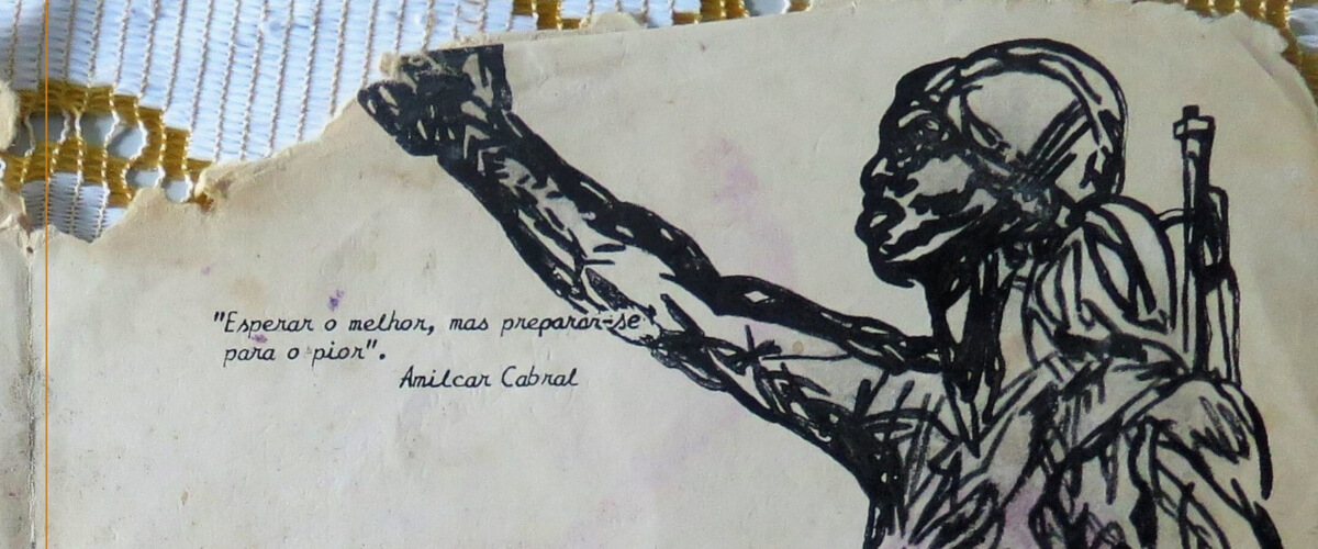 Photograph of a deteriorated page of the textbook ‘Lutar, Aprender, Vencer, Trabalhar’ (Fight, Learn, Win, Work), published in Bissau by the African Party for Independence of Guinea-Bissau and Cape Verde (PAIGC) in 1977. It shows a drawing of a black woman carrying a rifle on her back and a quote attributed to Amílcar Cabral (hope for the best while expecting the worse).